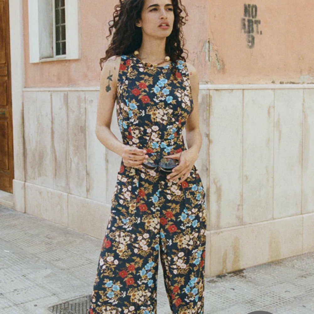 Spell Navy Floral Jumpsuit with Red, Blue & Cream Flowers